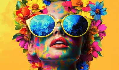 Vibrant Pop Art Woman in Sunglasses with Colorful Background and Conceptual Design for Modern...