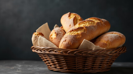 Fresh bread in a basket on a dark grunge background