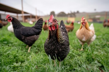 Fototapeta premium A Close-Up of Free-Range Chickens Roaming in a Green Field with Soft Lighting, Showcasing Diverse Plumage and Natural Habitat on a Farm Setting