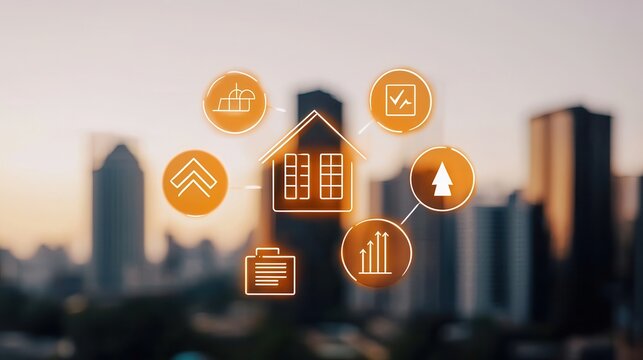 clean energy renewable marketing concept. Real estate icons overlaying a cityscape, symbolizing property management and investment opportunities.