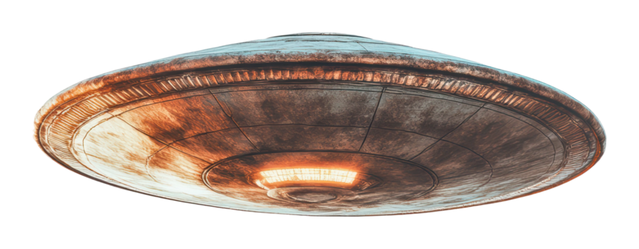 Unidentified flying object hovering in the sky, cut out - stock png.