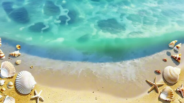 Summer background. Sandy beach, sea or ocean waves, blue sky with clouds. Concept of beach holiday, travel, vacation. Place for text