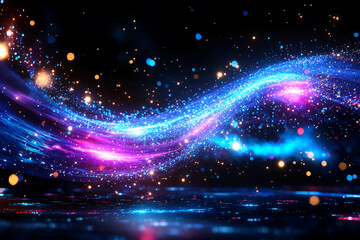 Obraz premium Swarm of Flying Pixels in Space: A cosmic galaxy filled with drifting pixels, symbolizing information and data flowing through the vast, mysterious expanse of space and time