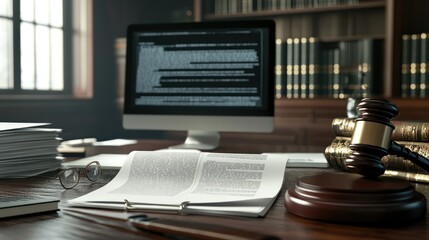 The judge's gavel is made of dark wood, the gavel is sturdy and ready to be used as if waiting for the right moment to be struck, and important documents are beside it