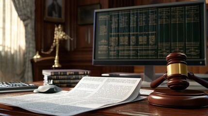 The judge's gavel is made of dark wood, the gavel is sturdy and ready to be used as if waiting for the right moment to be struck, and important documents are beside it