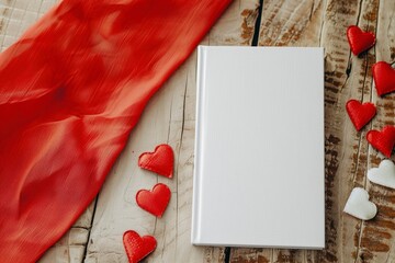 White Book Cover with Red Fabric and Heart Decorations on Table