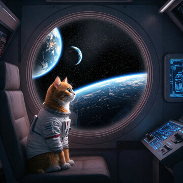 Cat crewmember in a space suit watches a computer screen while undergoing mandatory, online, required training to maintain "catronaut" certification
