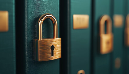 Close-up of gold padlock securing green panel, representing security and protection in the digital age.
