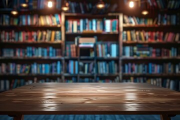 Cozy Library with Wooden Table and Bookshelves in Background