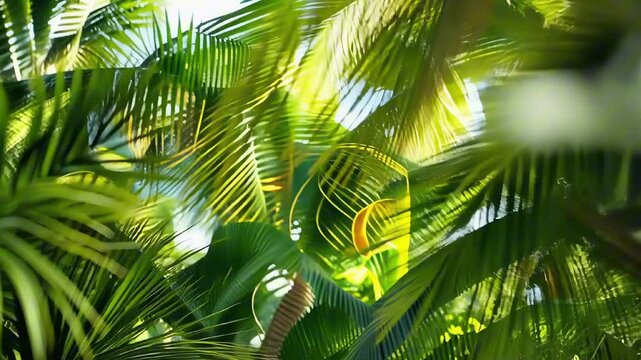 Tropical summer background. Green palm leaves on blue sky background. Trendy Balinese Botanical pattern, concept of rest, vacation, sun light and shadows
