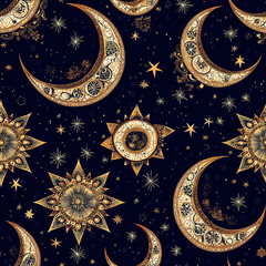 Celestial pattern featuring ornate moons and stars against a dark background.