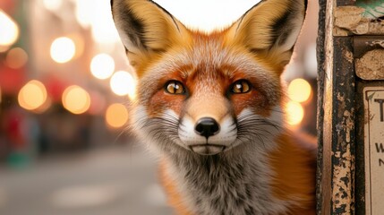 Obraz premium Urban Wildlife in Action Concept. Curious fox gazing in a vibrant urban setting