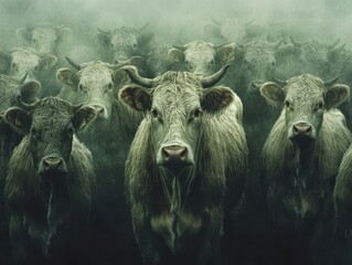 Fototapeta premium A herd of cows standing calmly in a misty landscape, showcasing their serene expressions and unique features against a foggy background in an atmospheric setting.