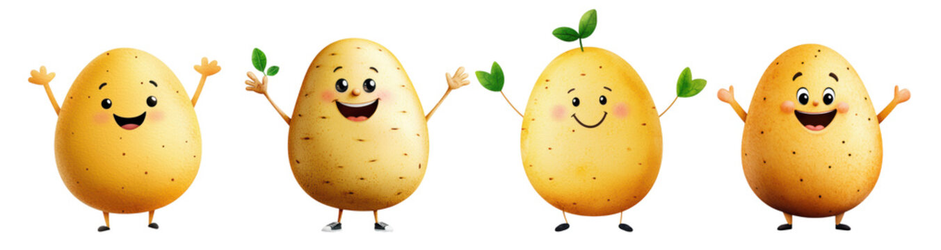 Happy cartoon potatoes with smiling faces and green sprouts, expressing joy and cheerfulness