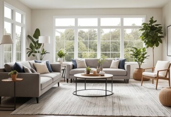 Modern Living Room Interior Design with Gray Sofas, Large Windows, and Greenery