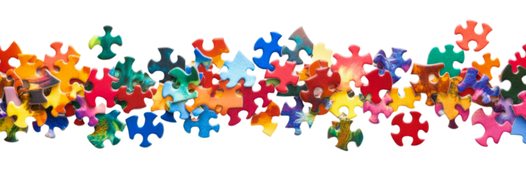 Colorful jigsaw pieces scattered around, cut out - stock png.