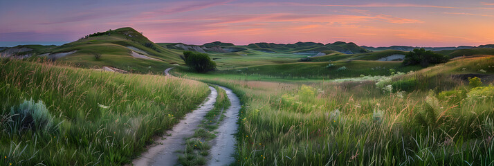 The Serene Sight Of A Dusk-Kissed Hiking Trail Winding Through The North Dakota Landscape