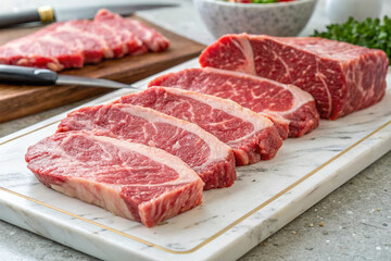 Fototapeta premium Fresh, raw beef steak and pork chops, glistening red with marbled fat, lie side-by-side on a pristine white cutting board, ready for the grill