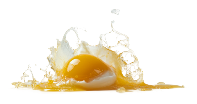 Dropped egg with splatter on white background, cut out - stock png.