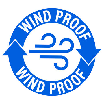 Wind proof label sign, with the symbol inside a circle made of blue curved arrows. Text. 
