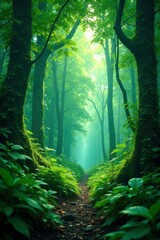 Dense foliage canopy above misty forest floor, leafy, rainforest