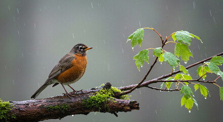 An american robin in the rain, close up with blurred forest background