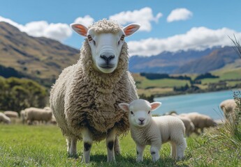 Fototapeta premium A Mother Sheep and Her Cute Lamb Grazing Together in a Scenic Landscape with Mountains and Blue Sky in the Background, a Serene Country Setting