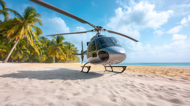 helicopter landing on private island with palm trees and sandy beach