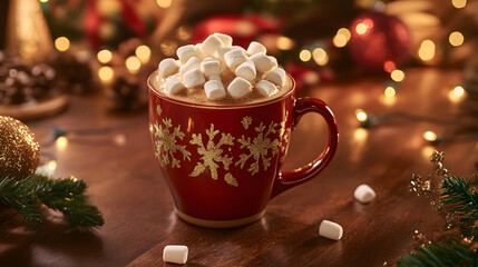 A classic hot cocoa topped with marshmallows and a pinch of sea salt, served in a festive mug for a perfect holiday treat.