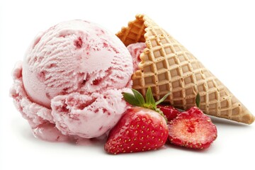 Delicious strawberry ice cream scoop with cone and fresh strawberries