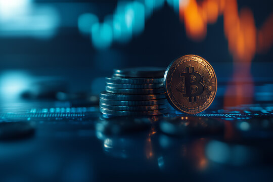 Coins stacked on top of each other with stock market charts in the background