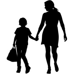 A mom and teenager walking together silhouette vector illustration