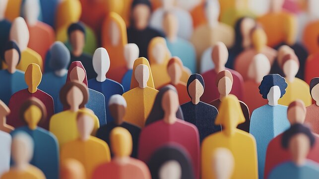 Colorful crowd, diverse abstract figures, faceless 3D people, minimalist human shapes, vibrant community, social diversity concept, geometric crowd representation, multi-colored population - Powered by Adobe