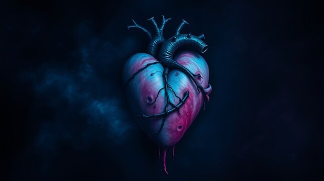 Dark surreal anatomical heart, neon blue and pink glow, bioluminescent veins, cosmic background, floating in space, intricate details, ethereal atmosphere, sci-fi aesthetic, digital art, glowing arter