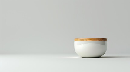 A minimalist ceramic food container with a bamboo lid, positioned on a white background.