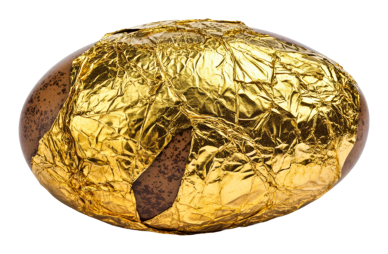 Golden egg wrapped in shiny foil at festive event, cut out - stock png.
