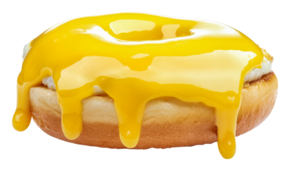Delicious yellow icing dripping from a donut, cut out - stock png.