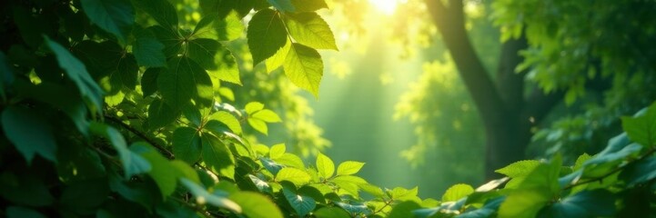 Dense foliage filters sunlight, casting dappled shadows, leafy greenery, bright spots