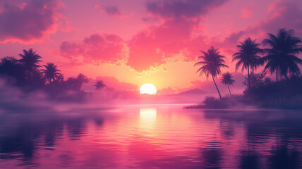 Fototapeta premium Serene Pink Sunset over Tropical Ocean with Palm Trees