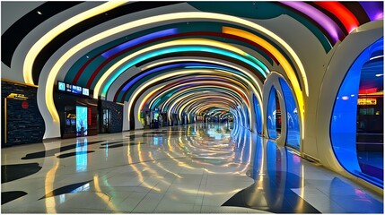 Naklejka premium Colorful arcade hallway, vibrant lighting, shops, entertainment