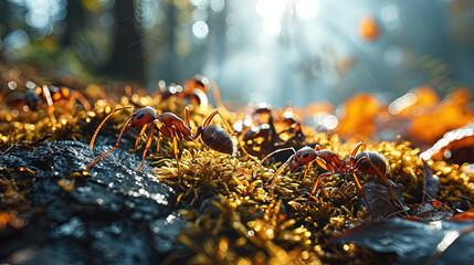 red ants on the ground with moss