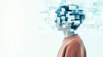 A teenager’s head transforms into a screen, surrounded by modern gadgets showcasing digital addiction, brain rot concept