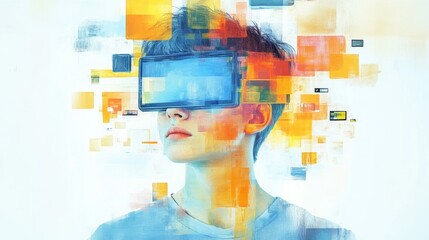 A teenager's head transformed into a screen reflects the overwhelming influence of technology and addiction, tech overload concept