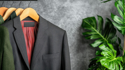 Stylish suits hanging in boutique with greenery in background