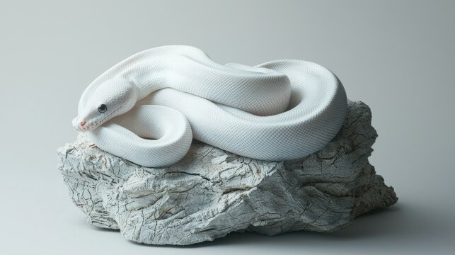 An albino python coiled gracefully on a textured rock under soft studio lighting.