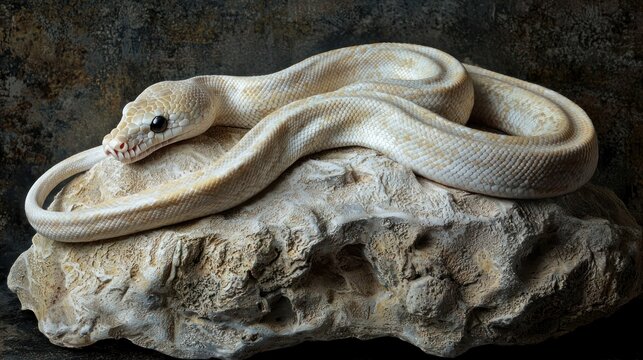 An albino python coiled gracefully on a textured rock under soft studio lighting.