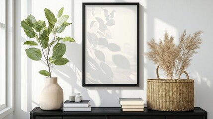Serene Minimalist Home Decor: Greenery, Pampas Grass, and a Framed Artwork