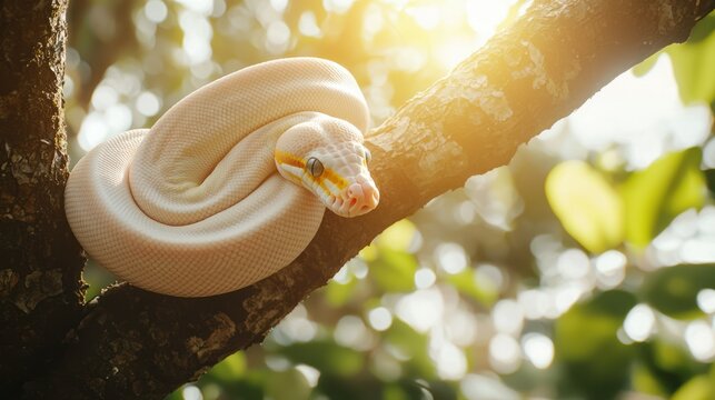 An albino python wrapped around a tree branch, glowing under sunlight.