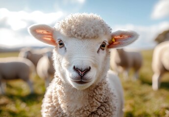 Naklejka premium Adorable Close-Up of a Playful Sheep with Fluffy Wool and Bright Eyes Surrounded by Green Pasture Under a Clear Blue Sky in a Peaceful Farm Setting