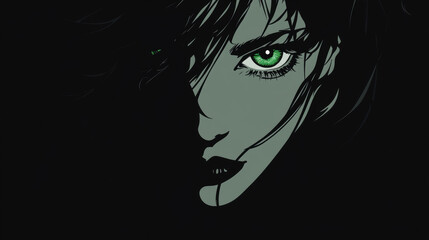 Fototapeta premium A minimalist portrait in black and green, where only the eyes are green, capturing the emotion and focus on a stark, simplistic background 